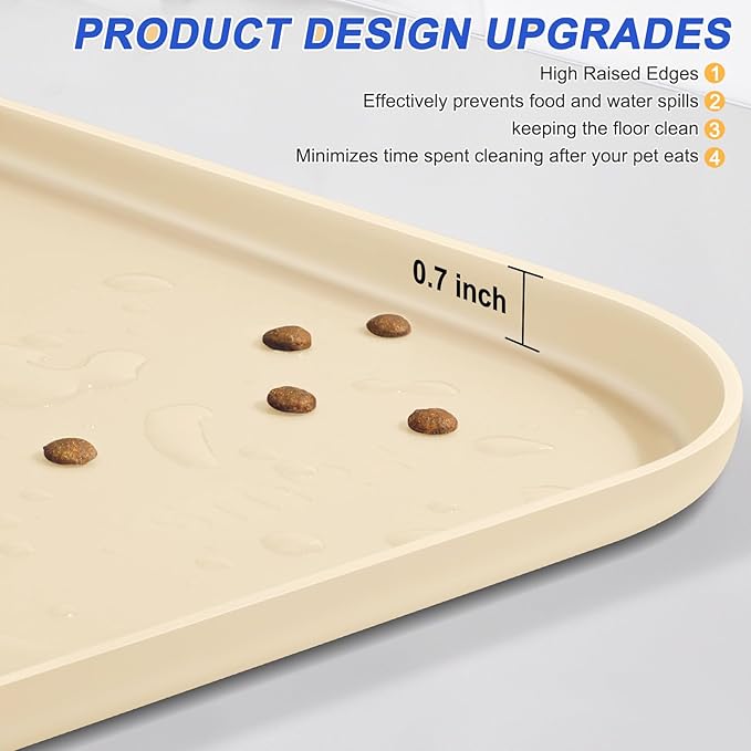 Silicone Pet Feeding Mat with Raised Edge for Food and Water, Dog Bowl Mats, Cat Bowls Placemat with High Lip for Floor Waterproof, Rubber Tray for Cats and Dogs 19 x 12 x0.7 White Sand
