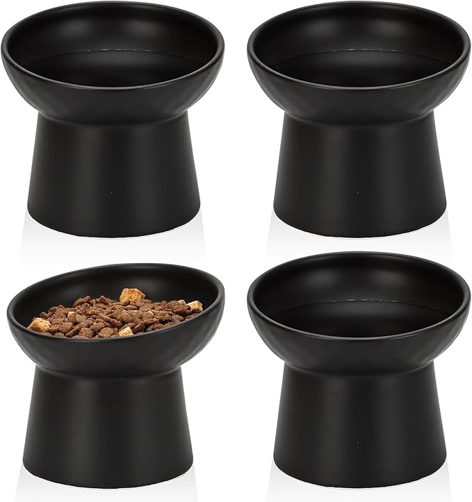 YauYik 4 Pcs Ceramic Raised Cat Bowls, Tilted Elevated Cat Food Bowl, Stress Free, Whisker Fatigue, Backflow Prevention, Dishwasher and Microwave Safe, Food and Water Feeding Bowls Set, Black