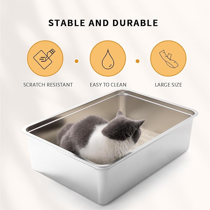Yangbaga Extra Large Stainless Steel Litter Box, 28’’ x 20’’ x 8’’ Ultimate Metal Cat Litter Box with High Sides, Sturdy Long-Lasting Litter Pan with Anti-Slip Rubber Feet
