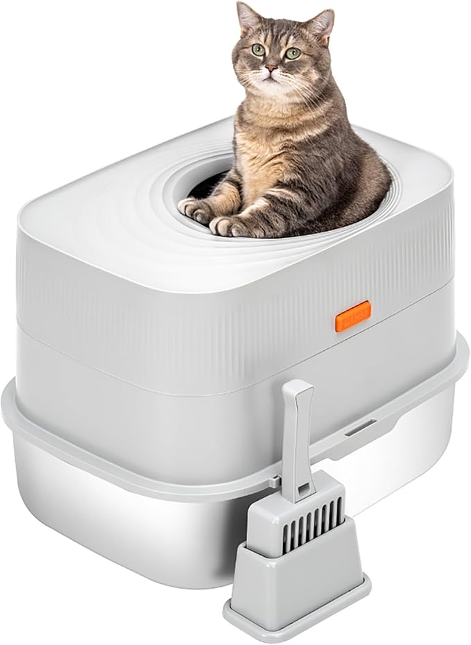 Stainless Steel Sifting Litter Box with Lid, Metal Litter Pan with Scoop for Big Cats Multi Cat, Extra Large Cats Litterbox Odor Control, Easy Clean (23*16.5*16.5inch-with Enclosure, X-Large)