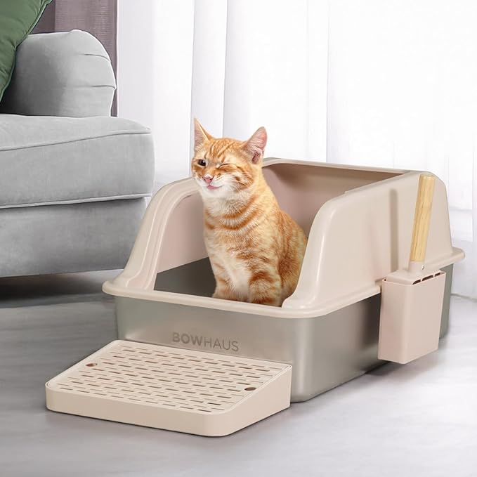 XL Enclosed Stainless Steel Cat Litter Box with Lid, High Sided Metal Litter Box w/Scoop, Enclosed Extra Large Metal Litter Box, Odorless Steel Litter Pan, Anti-Leakage & Easy Clean, Beige