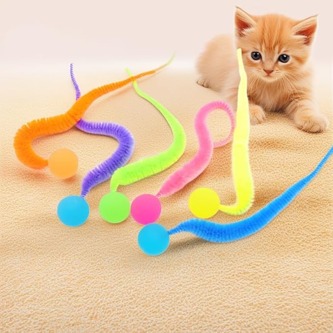 Bouncy Balls for Cats-5 Packs,Fuzzy Worm Cat Worm Toys with Fluorescent Ball,Magic Worm Bouncy Ball with Tail Cat Toy