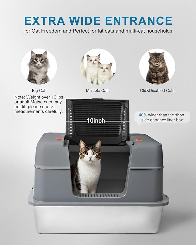 Stainless Steel Enclosed Cat Litter Box with Lid,Covered Metal Kitty Litter Box with Litter Mat and Odor Reduction Pack(2kg), Metal Scoop,Switchable Design, Easy Clean (Litter Box Grey)