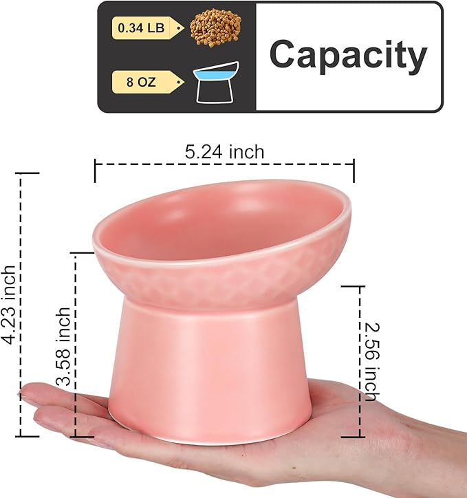 YauYik Ceramic Raised Cat Bowls, Elevated Tilted Cat Food and Water Bowls Set, Stress Free Pet Feeding Dish for Indoor Cats and Small Dogs, Anti Vomiting, Pink, 2 Pack