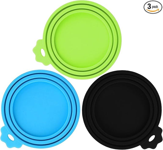 3 Pack Pet Food Can Covers, Silicone Universal Can Lids for Dog & Cat Food, BPA Free, One Fit Most Standard Size Can Lids Top Blue/Green/Black