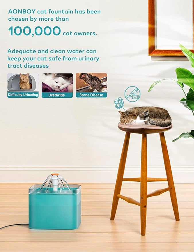 Cat Water Fountain for Cats Indoor: 67oz/2L Cat Fountain - Quiet Pet Water Fountain - Cyan Cat Fountains for Drinking Easy to Clean - for Cats&Pets& Small Animals - Including 4 Filters + 2 Sponges