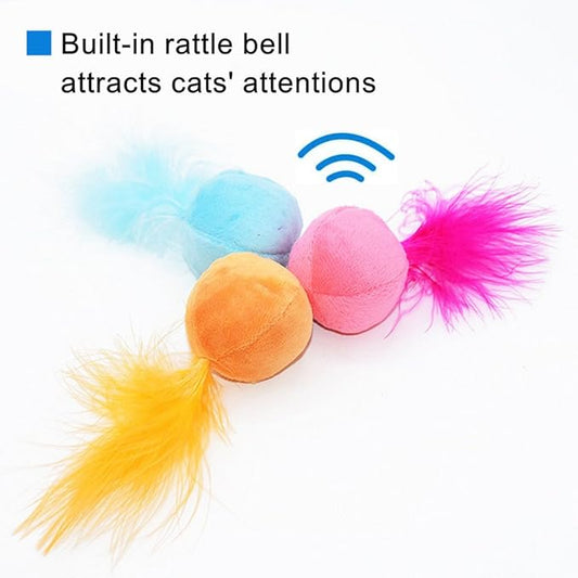 Furry Rattle Ball Cat Toy with Feather and Catnip - Interactive Pom Pom Balls for Cats, Soft and Lightweight, 2 Inch, 6 Pack.