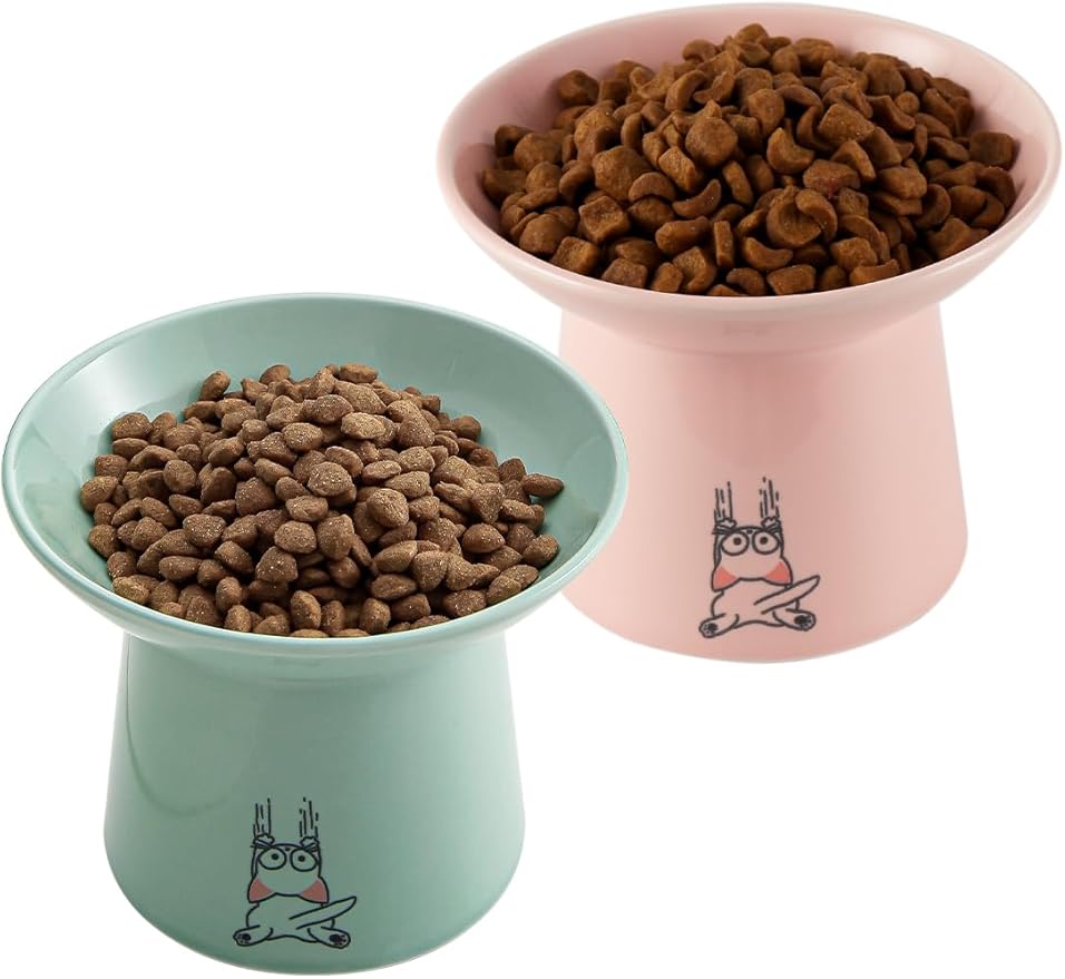 Extra Wide Elevated Ceramic Cat Bowls, 6.5 Inch Raised Pet Bowl Set for Food & Water, Whisker Fatigue Shallow Food Dish for Elder Big Cats Small Dogs, Set of 2, Green & Pink