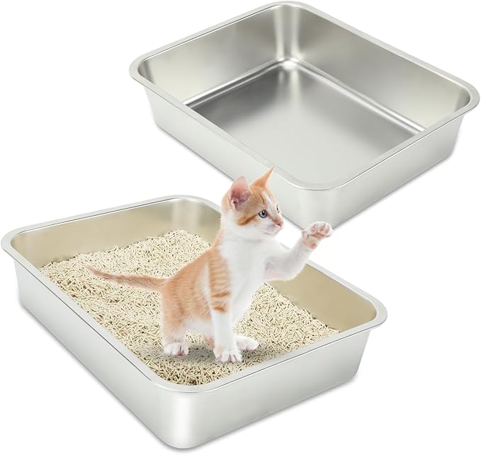 Rypet 2 Packs Stainless Steel Litter Box Metal Litter Box for Cats High Back Litter Boxes Non-Stick Cat Poop Box,Easy to Clean(17.7"*13.8"*3.9")
