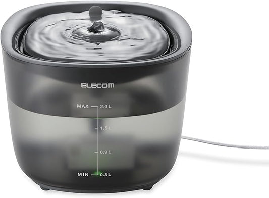 ELECOM Silent Pet Water Fountain for Cats and Dogs, 9dB Ultra Quiet Operation, 2L Capacity, Easy to Disassemble & Clean, 3-Layer Filtration, Wireless Pump, LED Light Modes (Black)