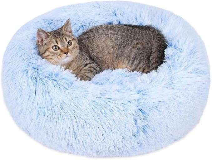 Cat Beds for Indoor Cats - Cat Bed Washable 20/24 inches, Dog Beds for Small Medium Dogs, Anti Anxiety Round Fluffy Plush Faux Fur Cat Bed, Thick Bottom (Cornflower Blue, Medium)