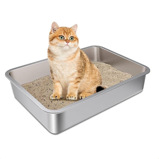 Stainless Steel Litter Box Small to Medium,17.7" x 13.7" x 4" Litter Box for Kittens,Easy Clean Non Stick Easy Entry No Smell Metal Litterbox for Senior Cats or Short Legged Cat/Bunny