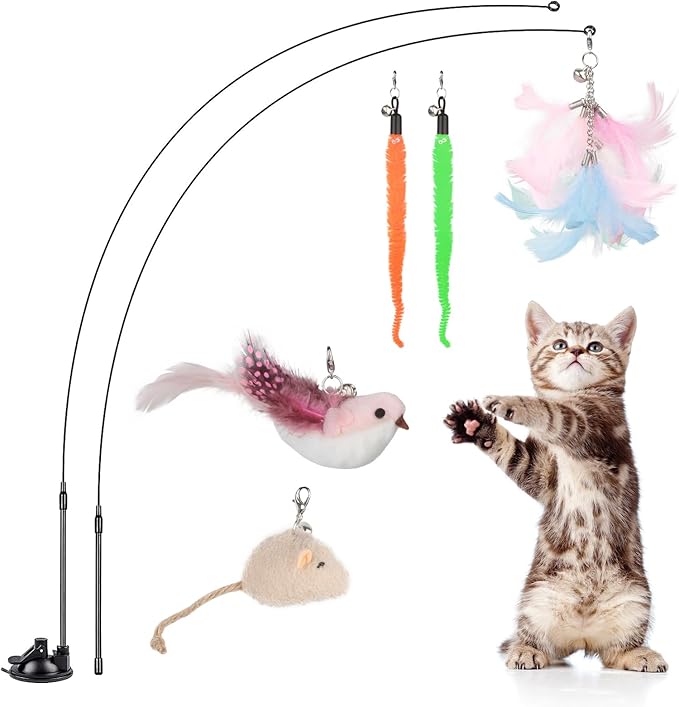 Interactive Cat Toys for Bored Indoor Adult Cats, 3 in 1 Cat Toys for Bored Cats,7 Pack Cat Teaser Cat Toys, Cats Toy Feather, Super Suction Cup Detachable with Balls and Birds