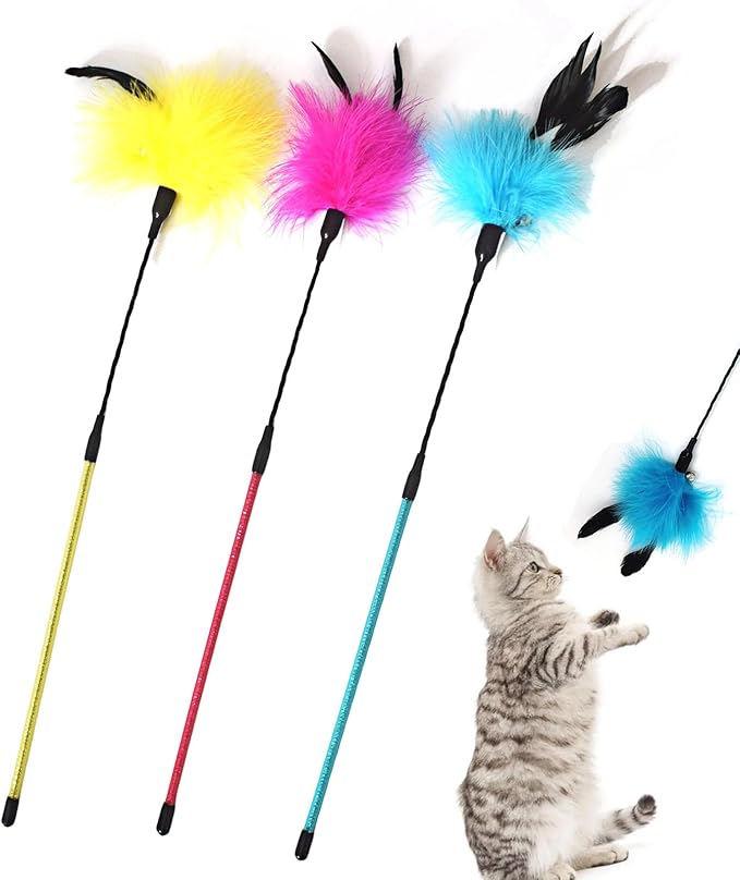 Cat Feather Wands, 3 Colors Soft Turkey Feather Teaser Wands Interactive Unbreakable Kitten Wands Fun Kitty Toy for Indoor Cats Play Exercise