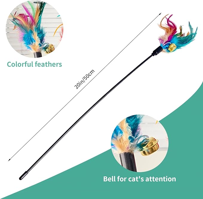 Cat Feather Toys, Cat Toy with Elastic Turkey Feathers, Interactive Teaser Wand with Bell, Durable Flexible Rod for Playful Kittens and Cats, Indoor Entertainment for Pets (1.64")
