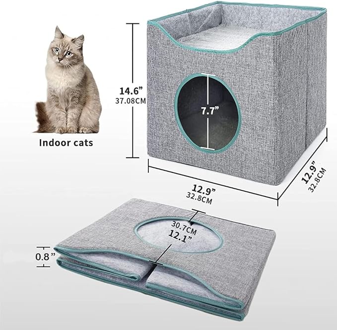 Jongee Cat Cube House Foldable Cat Condo with Reversible Cushion & Scratch Pad for Small Cats, Gray, 13”×13”×15”