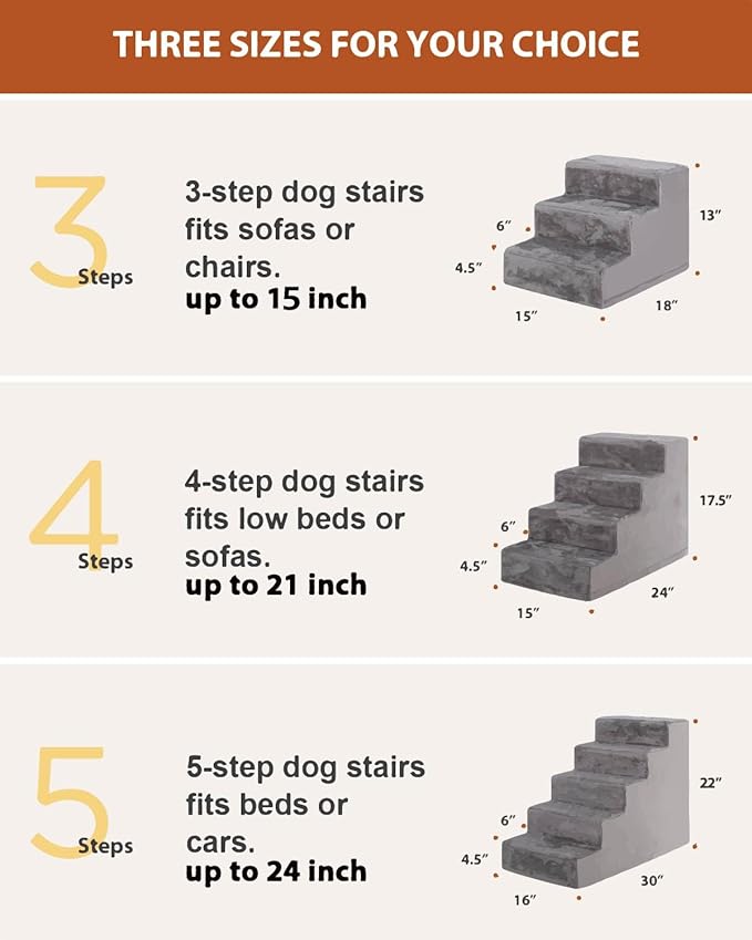 Dog Stairs for Small Dogs,13" 3-Step Pet Stairs for Couches,Dog Steps with Non-Slip Bottom and Removable Cover Indoor Outdoor,Grey