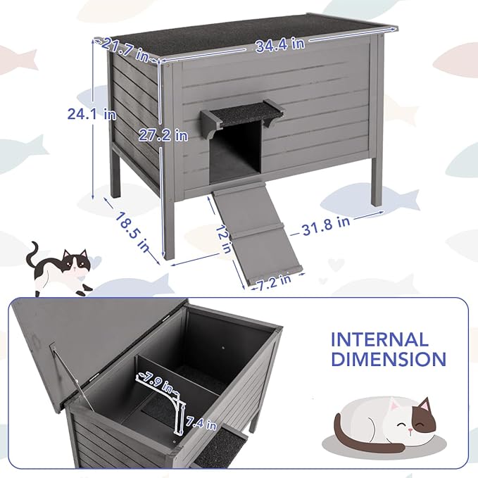WAYTRIM Outdoor Cat House, Large Feral Outdoor Cat Shelter Insulated Weatherproof with Mat and Hidden Stair All-Round Wood for Multiple Cats 34.5" L*21.5" W*27.2" H