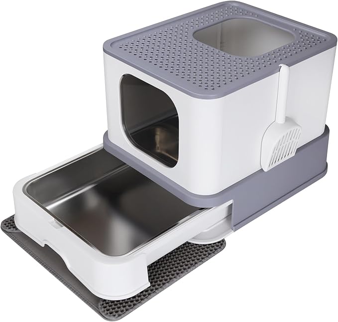 RIZZARI Stainless Steel Cat Box: Enclosed Design with High Walls - Light Gray - Large Litter Pan for Odor Control Indoors