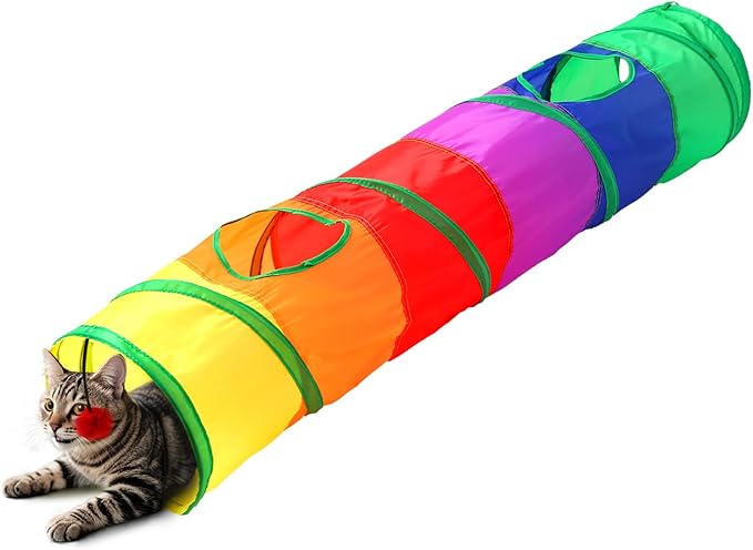 Coolcandy Cat Tunnel & Interactive Cat Toy Indoor, Long Straight Through Tunnel Toys for Indoor Cats, Collapsible Interactive Peekaboo Cave with Play Ball, for Multi-Way Play & Small Animals