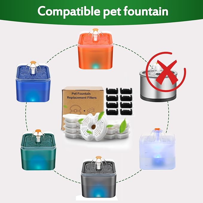 Cat Water Fountain Filter, Multiple Filtration Pet Water Fountain Replacement Filter,8 Cotton Activated Carbon Cat Fountain Filters and 8 Pre-filter Sponges (8+8 Pack)