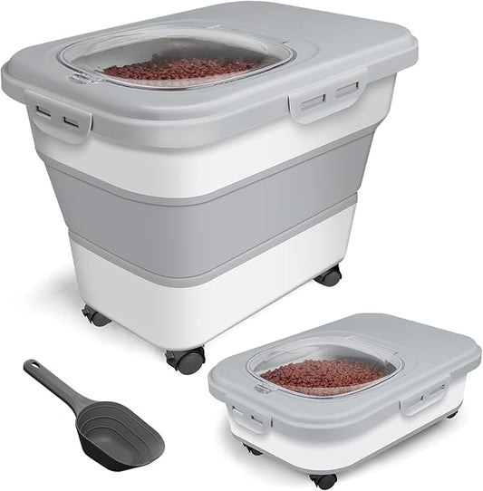 Dog Food Storage Container, 10-20lbs Collapsible Dog Cat Food Containers with Airtight Clear Flip-top,Rolling Wheel and Pet Food Scoop, Pet Food Storage Container Bin for Dog Cat Bird Pets
