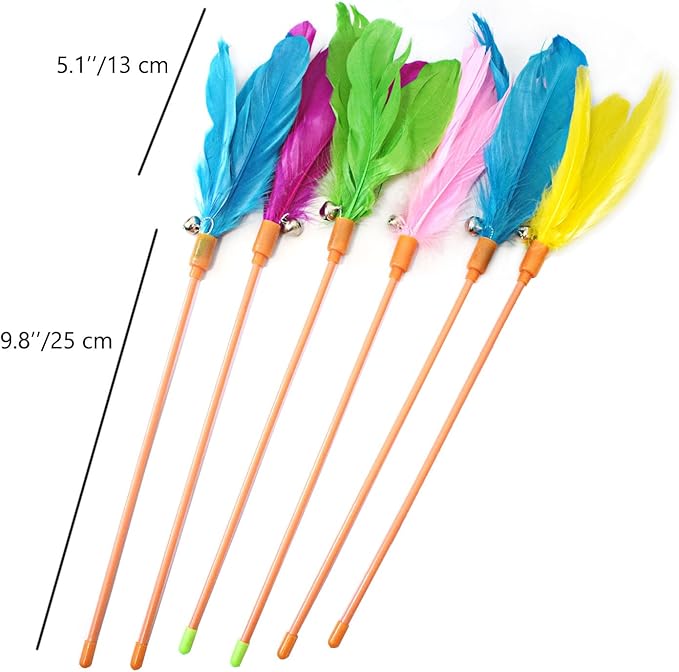 Cat Wands, 6 PCS Vibrant Color Feather Wands with Bell Unbreakable Cat Feather Sticks Interactive Kitten Toys for Indoor Cats