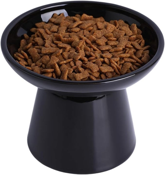 Extra Wide Elevated Cat Food Bowl, Ceramic Cat Bowls for Food and Water, Wide Shallow Cat Food Dish, Whisker Fatigue, Lead & Cadmium Free, Great Height for Cat(Black-1pc)