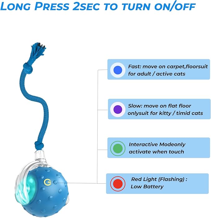 Interactive Cat Toys Ball - 2025 New Gen with Smart Obstacle Avoidance,Bird Chirps & Auto Wake-Up,Includes 1 Speedy Tail 2.0 Ropes, Ideal Kitten Toys for Bored Indoor Cats (Blue)