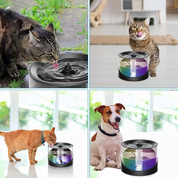 Kastty Super Quiet Water Fountain for Cats Inside, Pet Water Fountain for Kitty, Cat Waterer, Dog Bowl Dispenser 2.2L/74oz,with Super Long Life Span Pump, Black+Colorful LED Light
