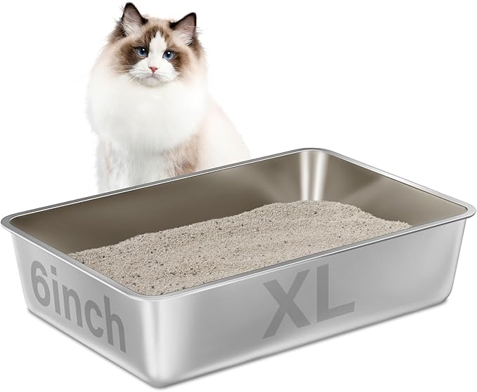 Stainless Steel Litter Box XL, Metal Cat Litter Box High Sides,23.6"x15.8"x6" (Deep) Extra Large Stainless Steel Cats Litterbox for Big/Fat Cats/Kitty Indoor, Non Stick No Smell Easy Clean