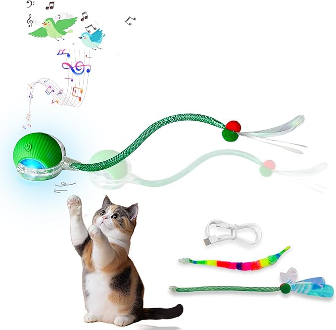 New Upgraded Cat Ball Toy - Speedy Tail 2.0 Cat Toy, Interactive Cat Toy Ball, Stimulating Toys and Juguetes para Gatos, Cat Toys for Bored Indoor(Sound Switchable) (Green)