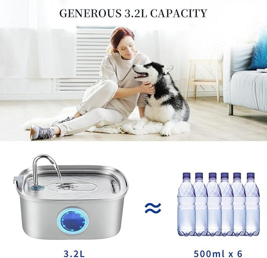 Cat Water Fountain Stainless Steel, 0.8gal/108oz Pet Water Fountain with Water Level Indicator and 3 Filters, Cat Fountain with Quiet Pump Ideal for Cats, Dogs and Multi-pet households