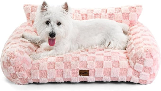 Made4Pets Cat and Dog Couch Bed, Soft Faux Fur Checkered Pet Sofa, Cozy Fluffy Pet Sofa with Supportive Foam, Removable Washable Cover with Non-Slip Base, Pink, Medium