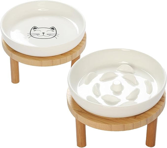 Raised Slow Feeder Cat Bowl, 5.9 Inch Wide Shallow Ceramic Elevated Glass Food Bowl Puzzle Feeders, Anti Vomit Cat Dish, Whisker Friendly Pet Plates Feeding Station for Indoor Cats, Kitten(2 Set)