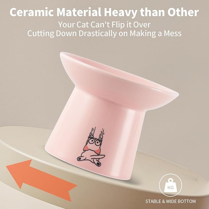 OMAYKEY 6.5 Inch Extra Wide Ceramic Raised Cat Bowls, Elevated Cat Bowl for Food and Water, Wide Shallow Cat Food Feeder Dishes, Whisker Fatigue, Protect Spine, White & Pink
