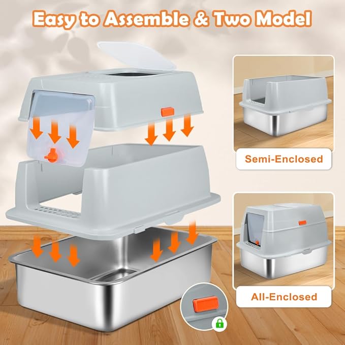 Vivifying Stainless Steel Litter Box with Lid, XL Front Entry Enclosed Extra Large Litter Box for Big Cats & Kitty, Top Exit Metal Cat Pan with Scoop, Mat, Trapping Step, Charcoal Filter (Gray)