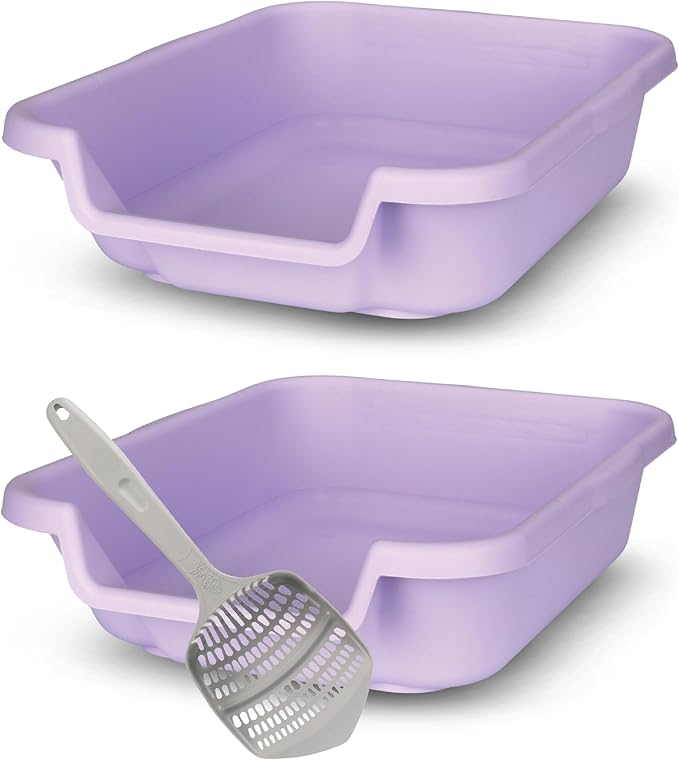 KittyGoHere Senior Cat Litter Box 2 Pack, Small Storybook Lavender Low Entrance Kitty Litter Box Sized for Cats Comfort, Perfect for Senior & Arthritic Cats, Made in USA - with Long-handle Jumbo Scoop