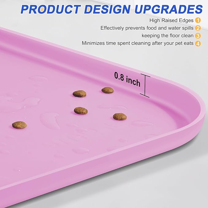 Silicone Pet Feeding Mat with Raised Edge for Food and Water, Dog Bowl Mats, Cat Bowls Placemat with High Lip for Floor Waterproof, Rubber Tray for Cats and Dogs 24 x 16 x0.8 Pink