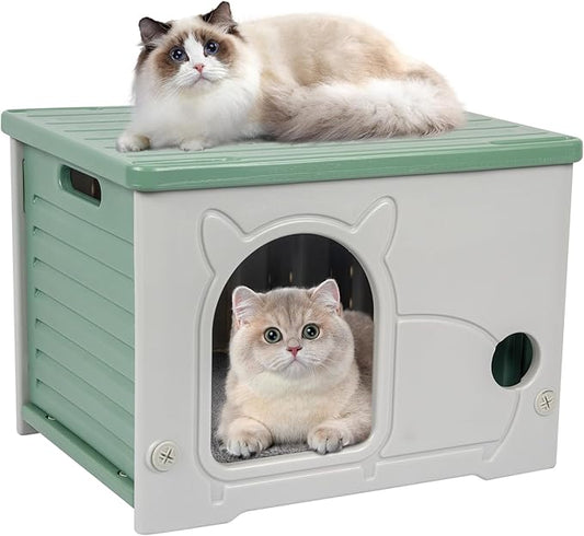 Plastic Cat House for Indoor Outdoor, Weatherproof Outside Cat House for Feral Cat, Stackable Cat Shelter with Plush Cushion (Green)