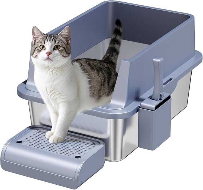 Enclosed Stainless Steel Cat Litter Box with Lid Extra Large Litter Box for Big Cats XL Metal Litter Pan Tray with High Wall Sides Enclosure, Non-Sticky, Anti-Leakage, Easy Cleaning (8 in Dark Grey)