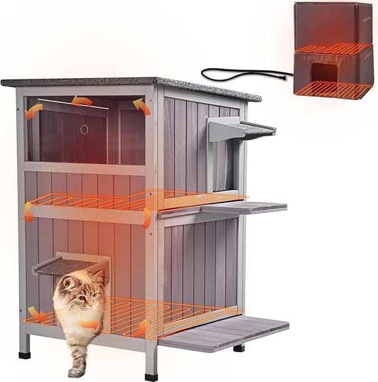 GUTINNEEN Heated Outdoor Cat House Insulated Weatherproof Outside Feral Cat Shelter for Winter with Heater and Insulated Liner Two Story, 28" L x 23" D x 34.4" H