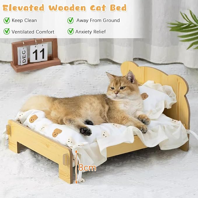 Elevated Cat Bed for Indoor Cats: Natural Wooden Cat Hammock Bed with Raised Legs Washable Mattress Pillow for Small Dogs Rabbit Bunny and Small Animals Holding 40 Lbs