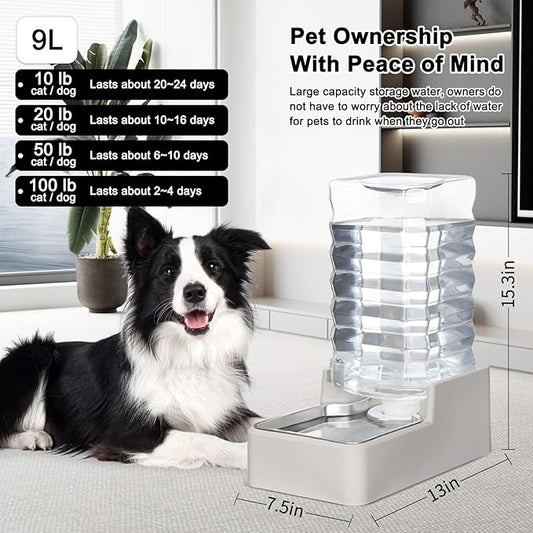 RIZZARI Stainless Steel Pet Water Feeder: 9L Automatic Leak-Proof Gravity Dispenser for Cats Dogs Indoor Outdoor Use(Beige with Filter,9L)