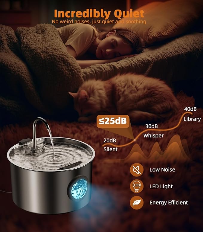 Cat Water Fountain Stainless Steel 108oz/3.2L Automatic Pet Water Fountain for Cats/Dogs Indoor Ultra Quiet Metal Cat Fountains for Drinking Kitty Watering Supplies for Pets & Small Animals