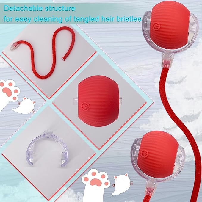 Interactive Cat Dog Toy Ball: Indoor Small Automatic Moving Smart Rolling Fun Pet Game with Led Light and String Tail for Motion Activated, Cute Kitten Puppy Present, Exercise Wheel Supplies (Red)