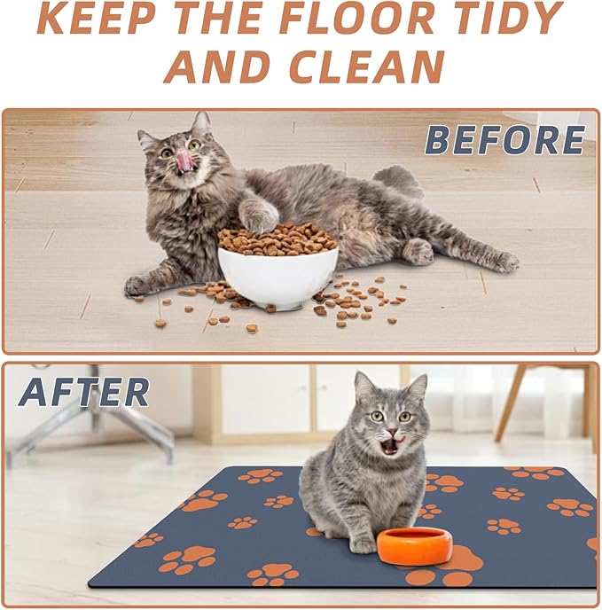 12"×20" Dog Food Mat-Absorbent Mat for Food and Water No Stains Quick Dry Cat Bowl Mat Non Skid Dog Feeding Mat with Footprints for Messy Drinkers Blue