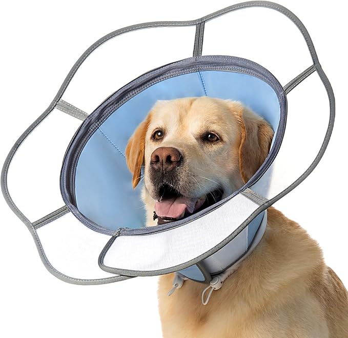 Soft Dog Cone Collar After Surgery Recovery,Adjustable E-Collar with Removable Shield,Lightweight,Breathable Anti-Licking Protective Cone for Large,Medium,Small Pets (Blue, XL (Neck:17''-22''))