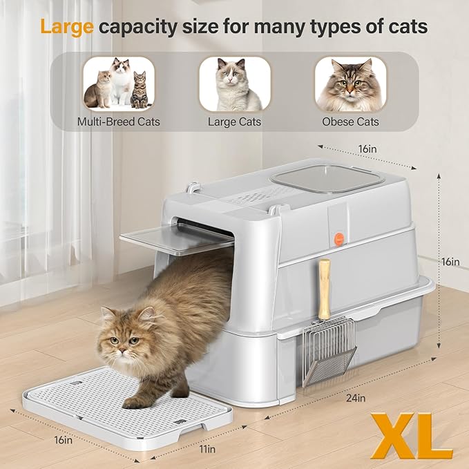 Enclosed Stainless Steel Cat Litter Box with Lid,XL Large Metal Cat Box with Drawer for Big Cats,Top Exit Kitty Litter Box Includes Scoop, Filter Pedal,Odor Control, Easy Cleaning