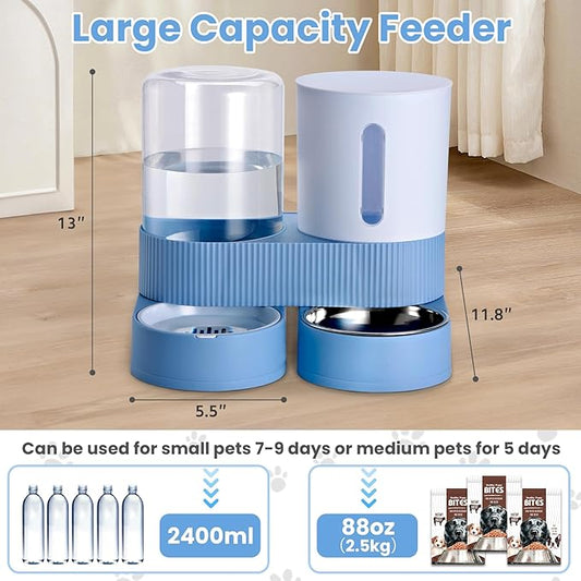 Automatic Dog Cat Water Dispenser Gravity Feeder and Water Dispenser Stainless Steel 2-in-1 Set Large Capacity Dispenser for Pets Dogs, Puppies, Kittens-Blue